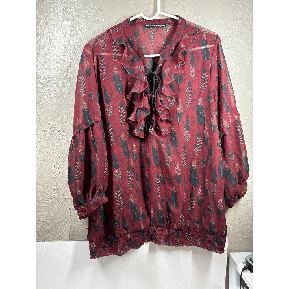 Madison Paige Womens Top Semi Sheer V-Neck Blouse‎ Maroon Criss Cross Plus SZ 1X